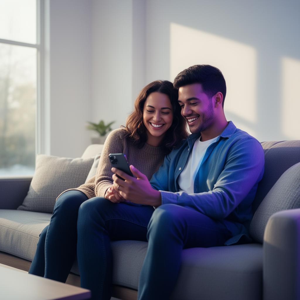 Happy young Canadian couple discovering their dream home on the Ohmer mobile app